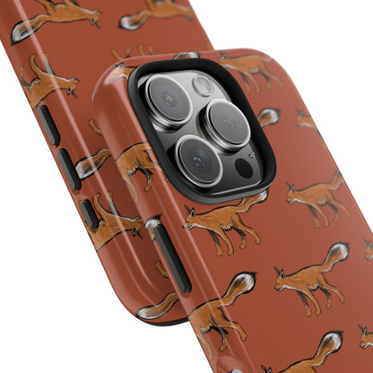 A fox pattern iPhone 16 Pro case front view angle close up showing detail of fox illustration and fit over phone buttons and camera area. On white background. Perfect outdoor wildlife style for everyday phone protection.
