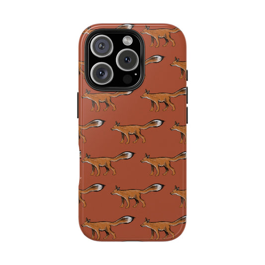 A fox pattern iPhone 16 Pro case front view on white background. Perfect outdoor wildlife style for everyday phone protection.