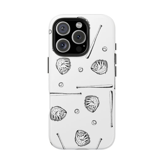 Front view phone case featuring a baseball-themed pattern with gloves, balls, and bats, designed for iPhone and Samsung models, perfect for sports fans and baseball enthusiasts.