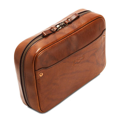 Full-Grain Leather Electronics / Toiletry Organizer displayed on a white background
