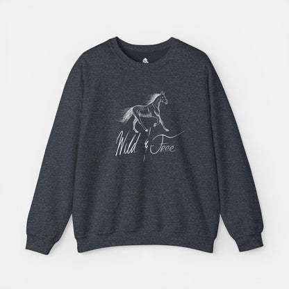 Wild and Free Elegant Horse Illustration Sweatshirt in heather navy blue on a white background, featuring a graceful equine design for horse lovers and equestrian fashion enthusiasts.