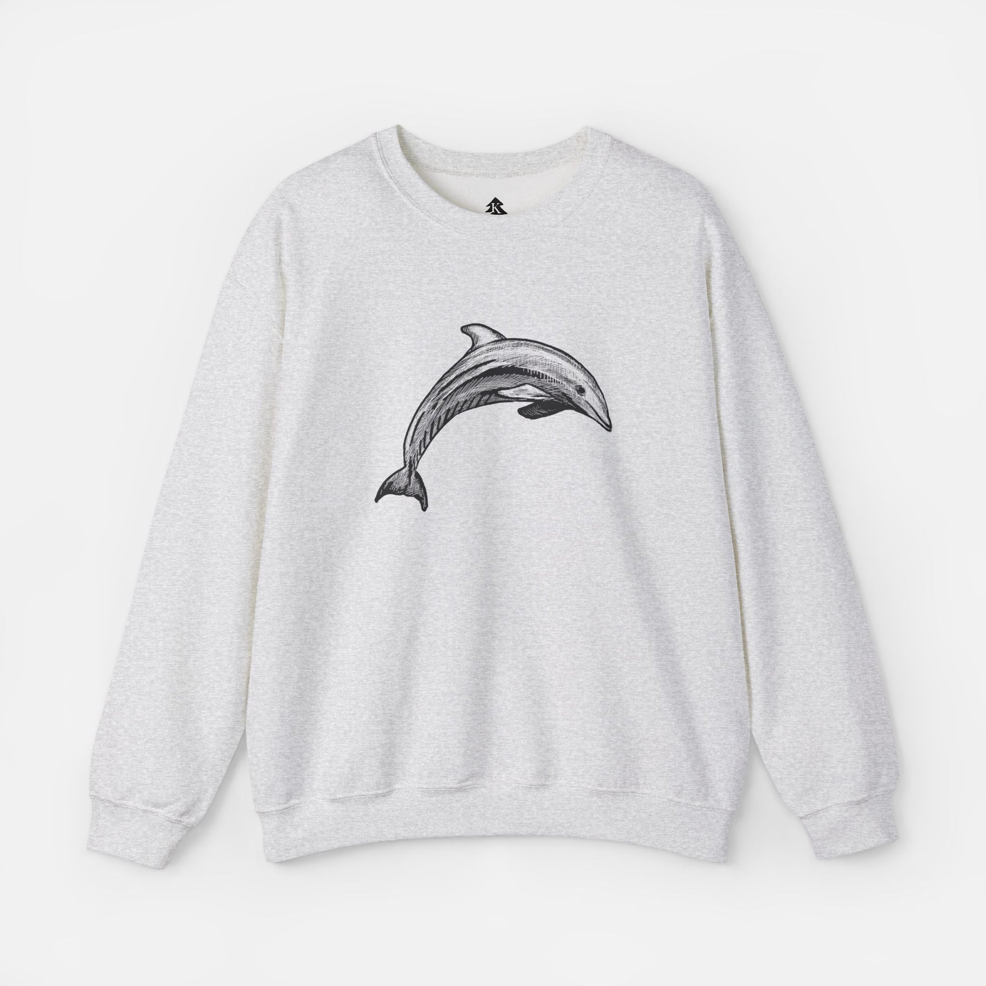 Gray Minimalist Pen & Ink Dolphin Illustration Sweatshirt front view on white background, featuring an elegant dolphin design for ocean lovers and artistic fashion enthusiasts.
