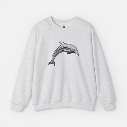 Gray Minimalist Pen & Ink Dolphin Illustration Sweatshirt front view on white background, featuring an elegant dolphin design for ocean lovers and artistic fashion enthusiasts.