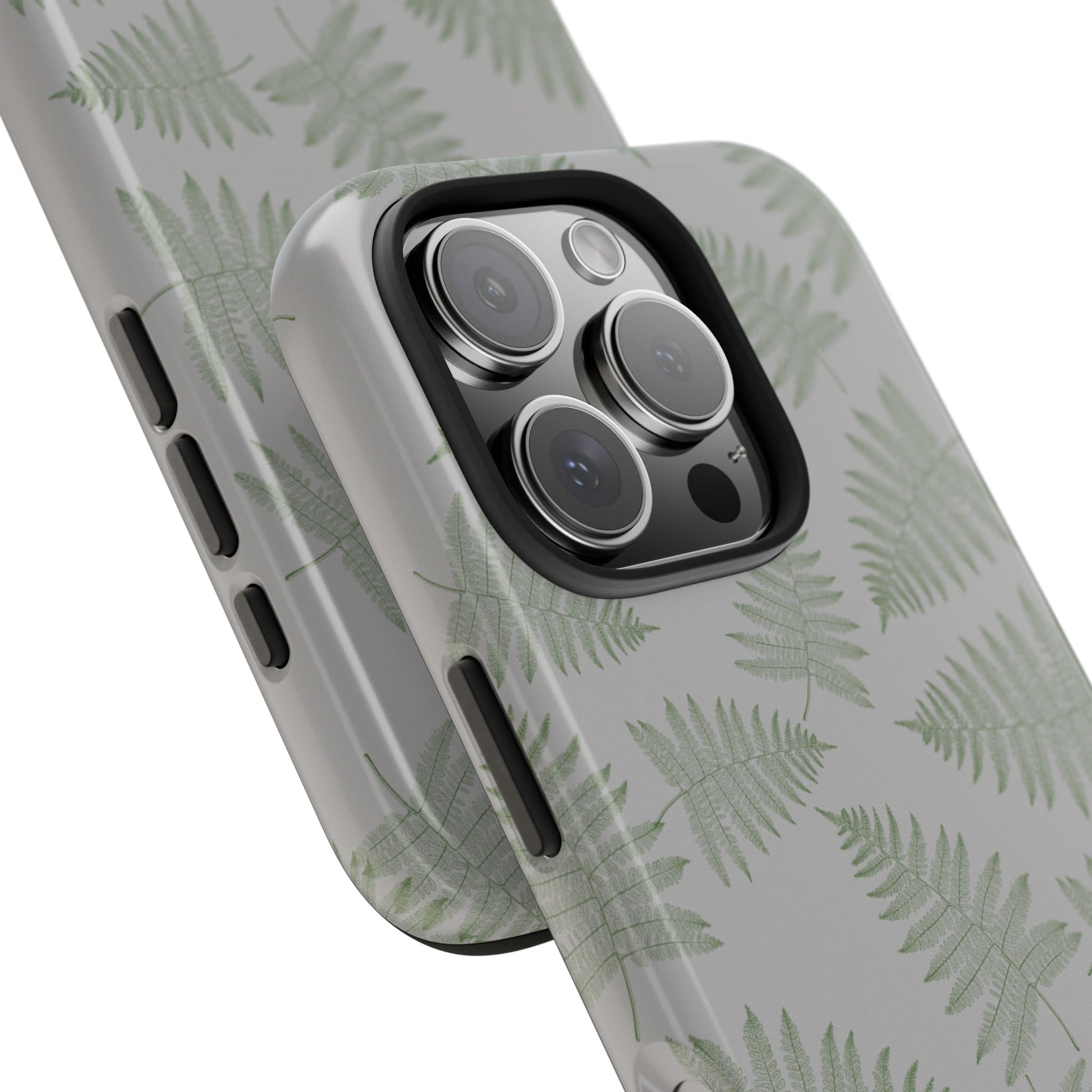 A green fern on gray base pattern designed phone case on white background.  Crafted for strong and durable protection, this case features a sleek glossy finish and a flexible rubber liner to absorb shocks from accidental drops.