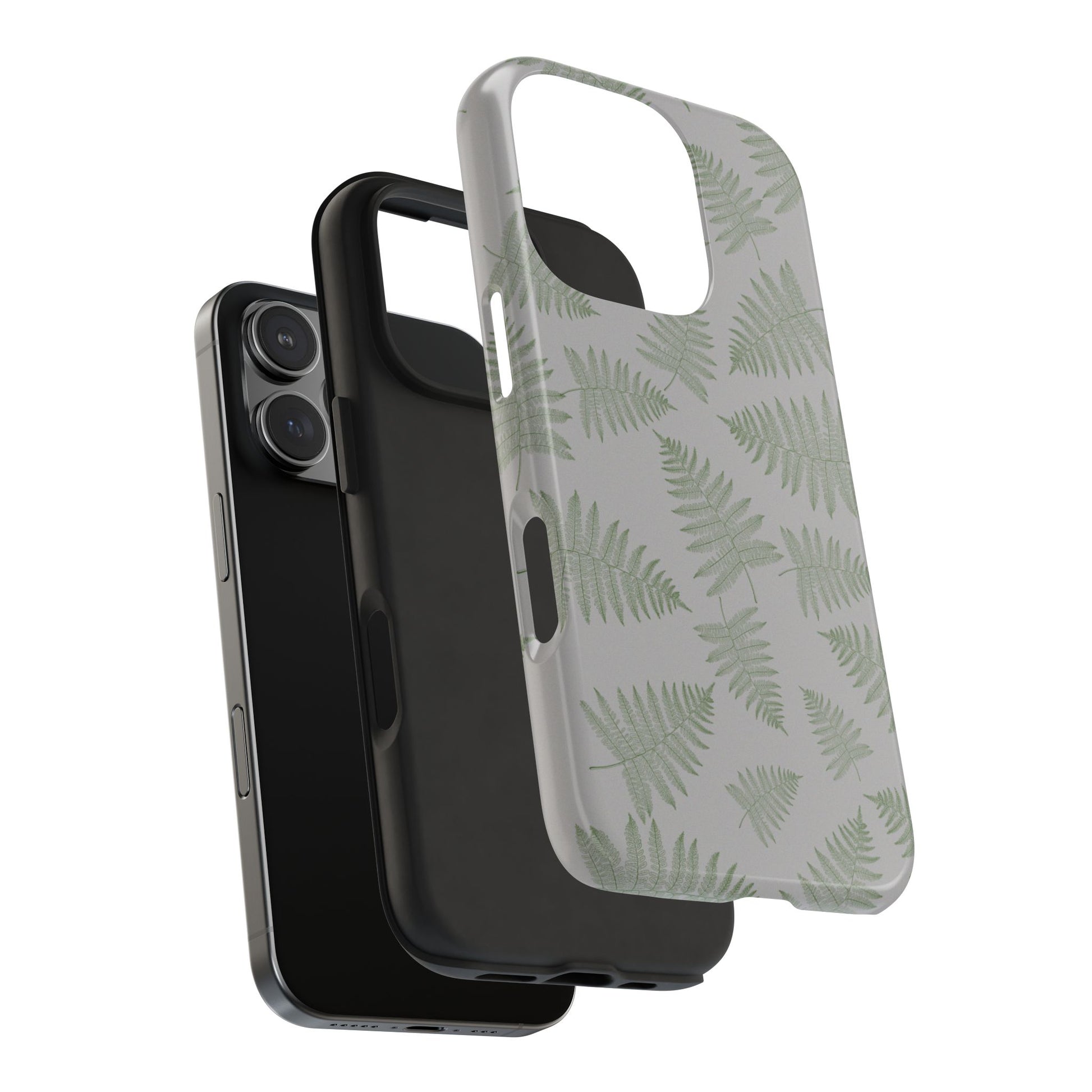 A green fern on gray base pattern designed phone case exploded view showing the rubber liner.  Crafted for strong and durable protection.