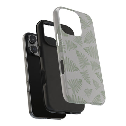 A green fern on gray base pattern designed phone case exploded view showing the rubber liner.  Crafted for strong and durable protection.