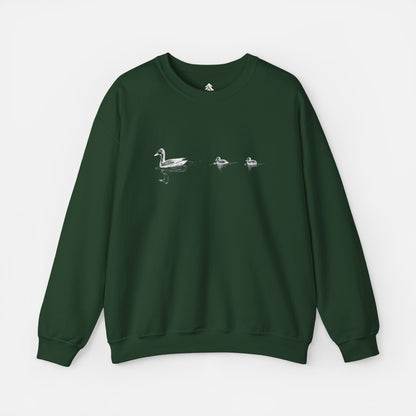 Green Duck Family Minimalist Sweatshirt – Mommy Duck and Two Ducklings Design, Unisex Pullover, Cute Duck Print Jumper, Animal Lover Gift on white background.