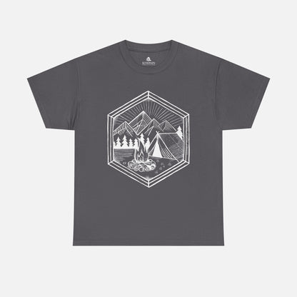 Nature’s Refuge Grey Camping T-Shirt displayed flat on a white background, showcasing a geometric outdoor adventure design.