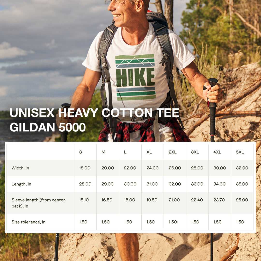 Image of Size Chart for Hike Mountain Graphic T-Shirt, featuring a bold mountain and tree design, perfect for hikers and outdoor enthusiasts.