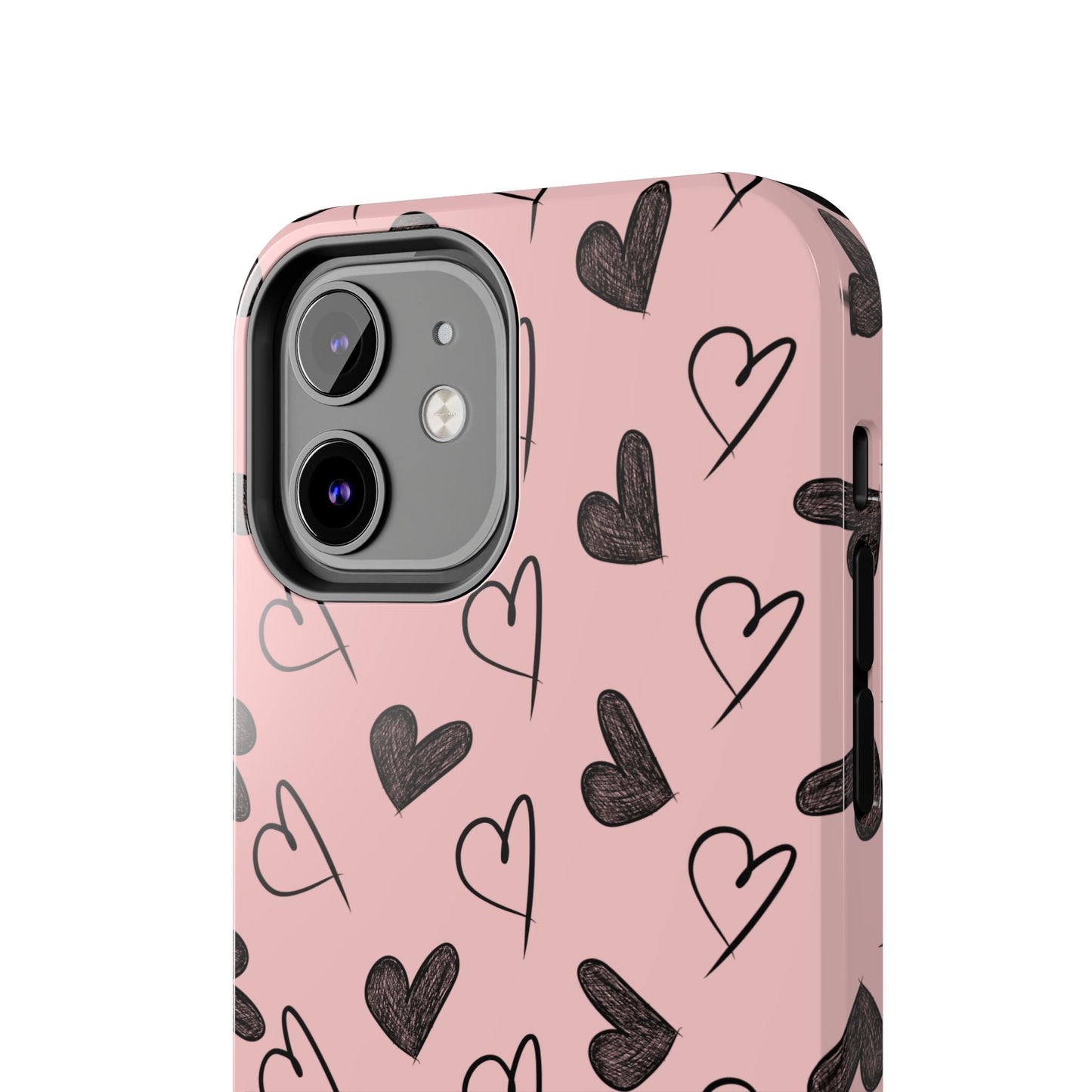 Heart pattern phone case close up on white background showing details of hearts and camera cut out . Perfect gift for valentines day or anyone who loves love.