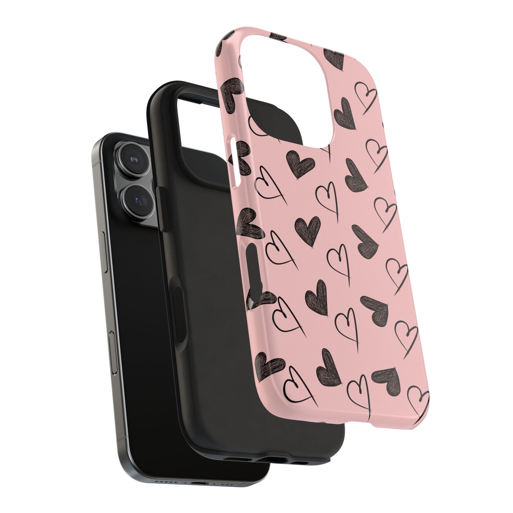 Exploded view of illustrated heart pattern phone case showing durable outer plastic shell and shock proof rubber interior. 