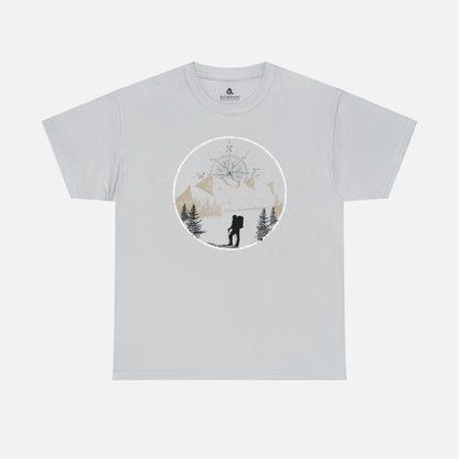 A ice grey Unisex Cotton Tee on white background, featuring a captivating hand-drawn illustration that encapsulates the spirit of hiking. Featuring majestic mountains and a compass rising in the sky that beckons the call of adventure. 