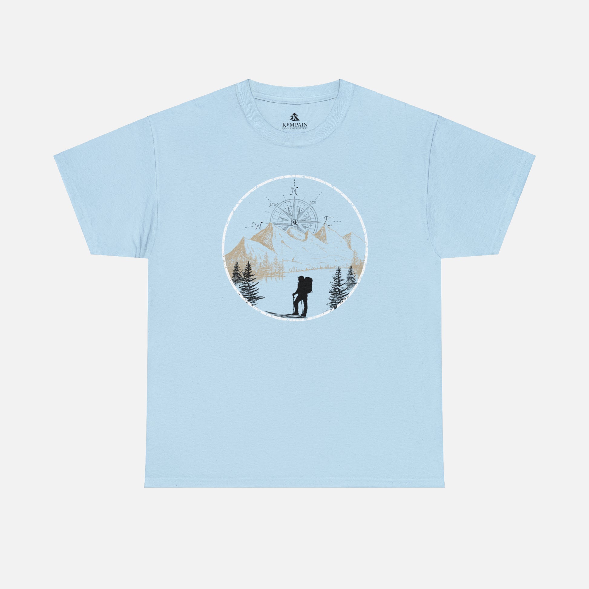 A light blue Unisex Cotton Tee on white background, featuring a captivating hand-drawn illustration that encapsulates the spirit of hiking. Featuring majestic mountains and a compass rising in the sky that beckons the call of adventure. 