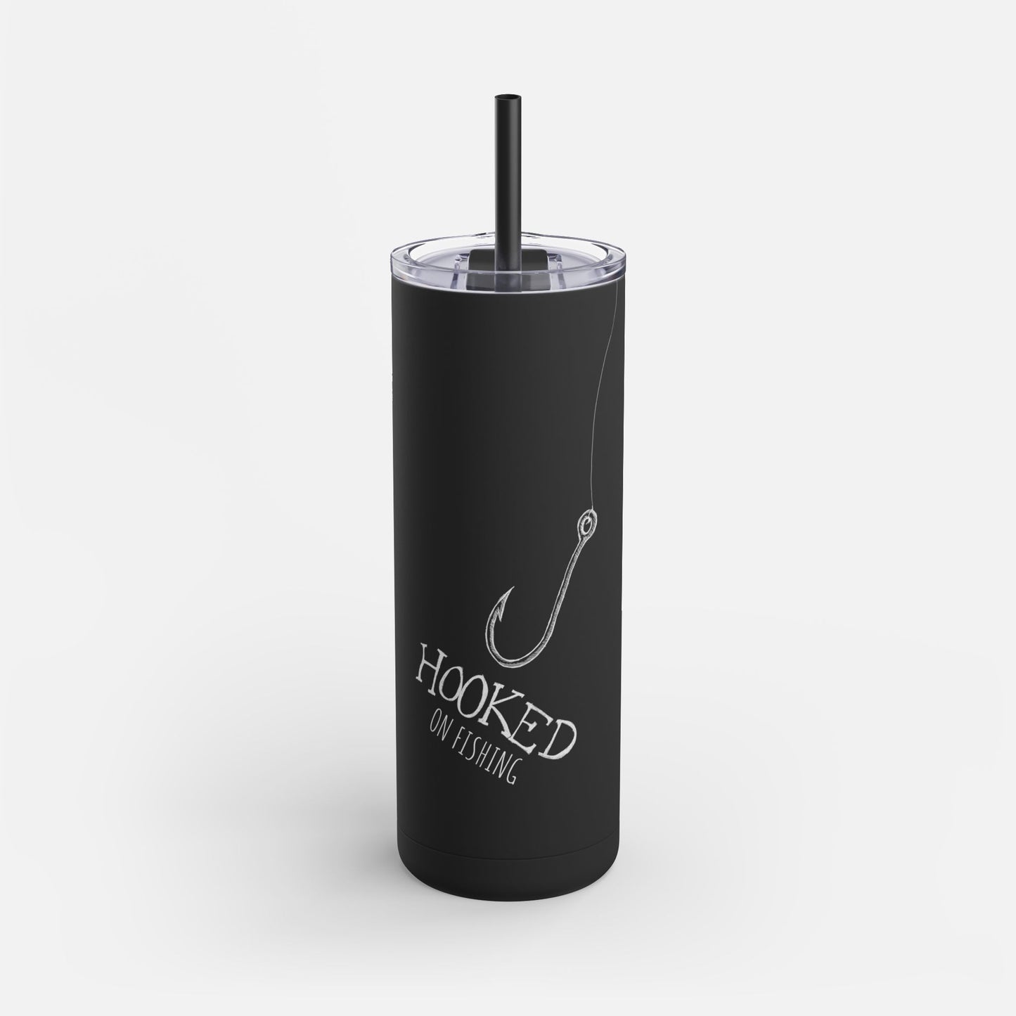 Hooked on Fishing black Tumbler - Personalized Gift with Fish Hook & Line Design on a white background.
