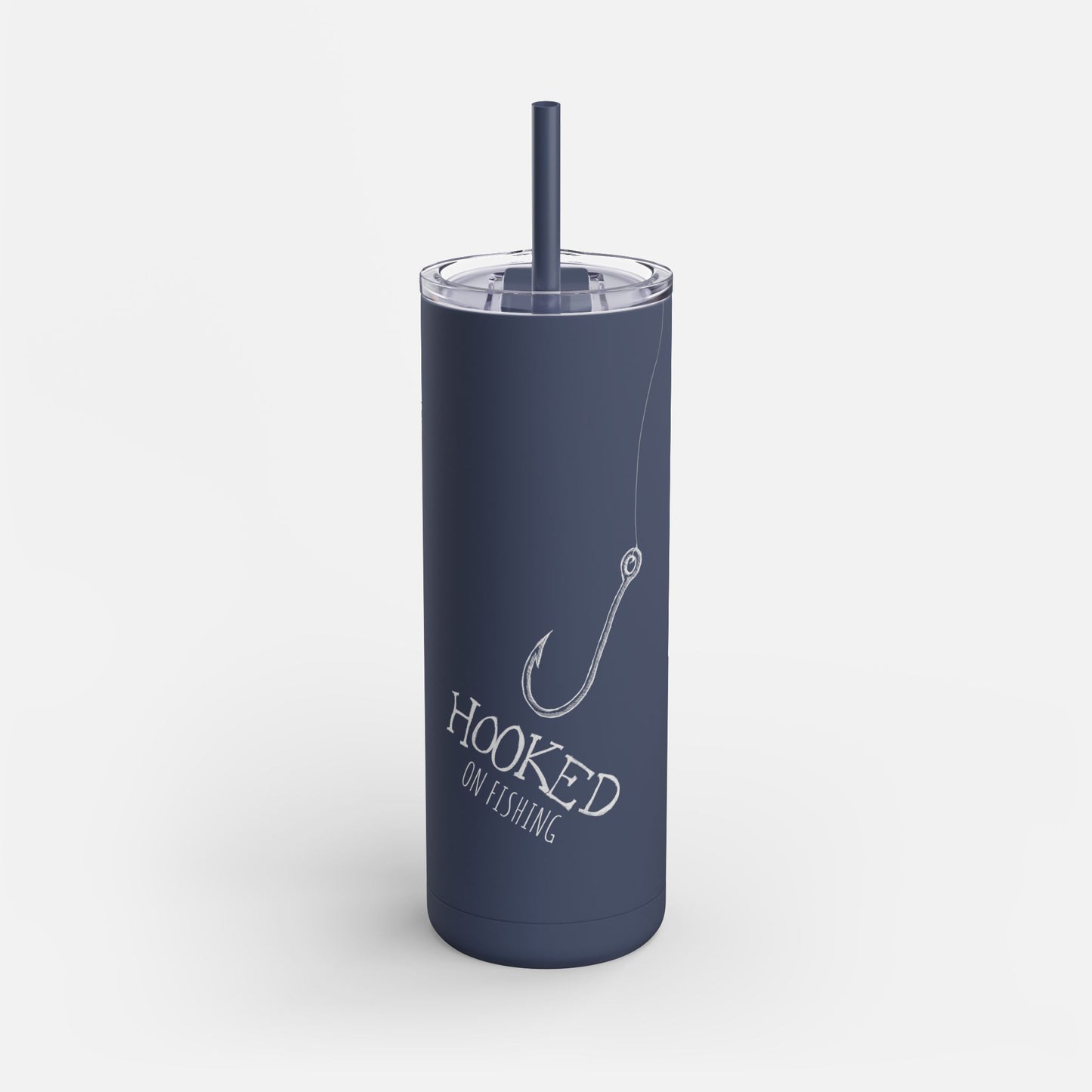 Hooked on Fishing blue Tumbler - Personalized Gift with Fish Hook & Line Design on a white background.