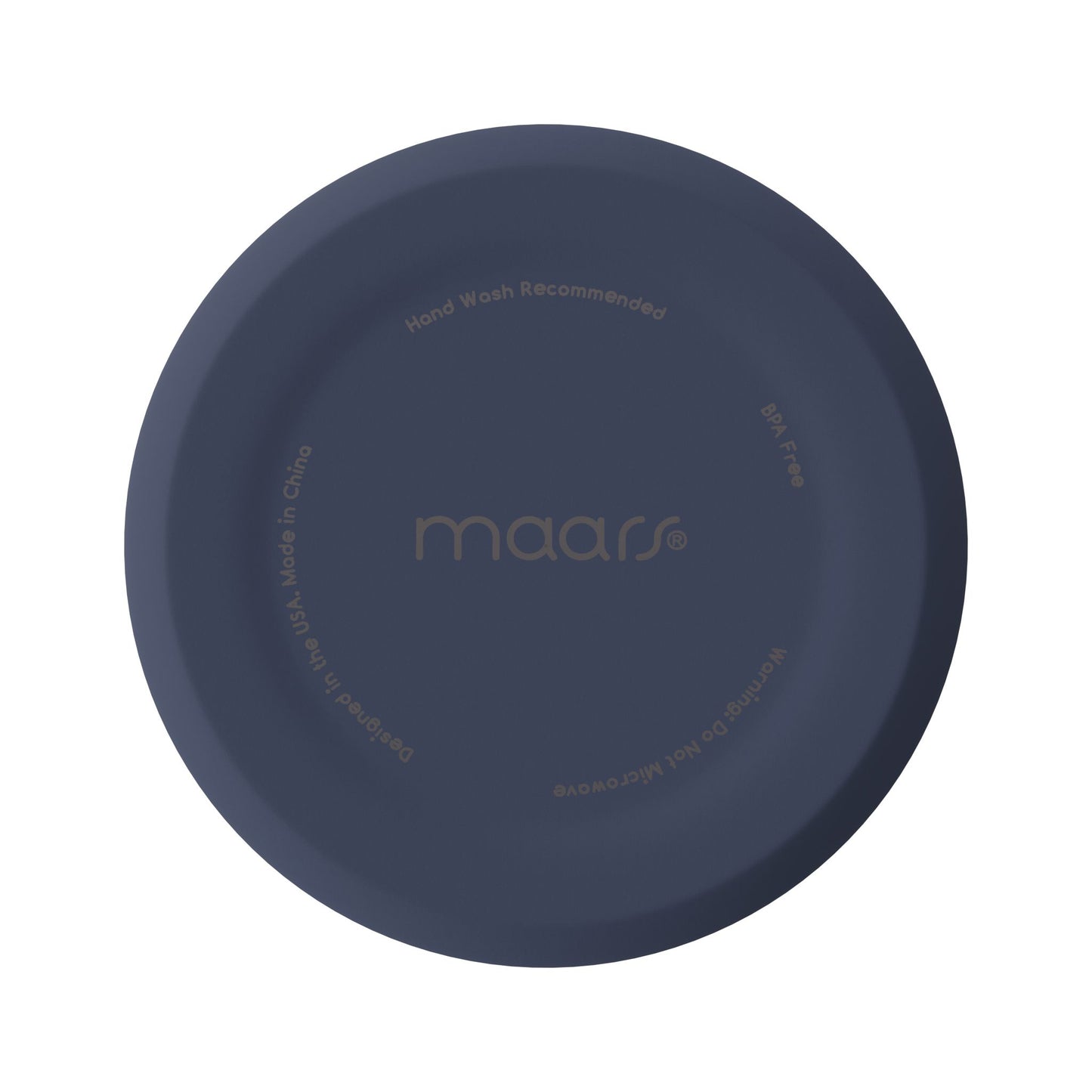 Shows the bottom of tumbler with maars logo and other details like BPA free and hand wash recommended. 