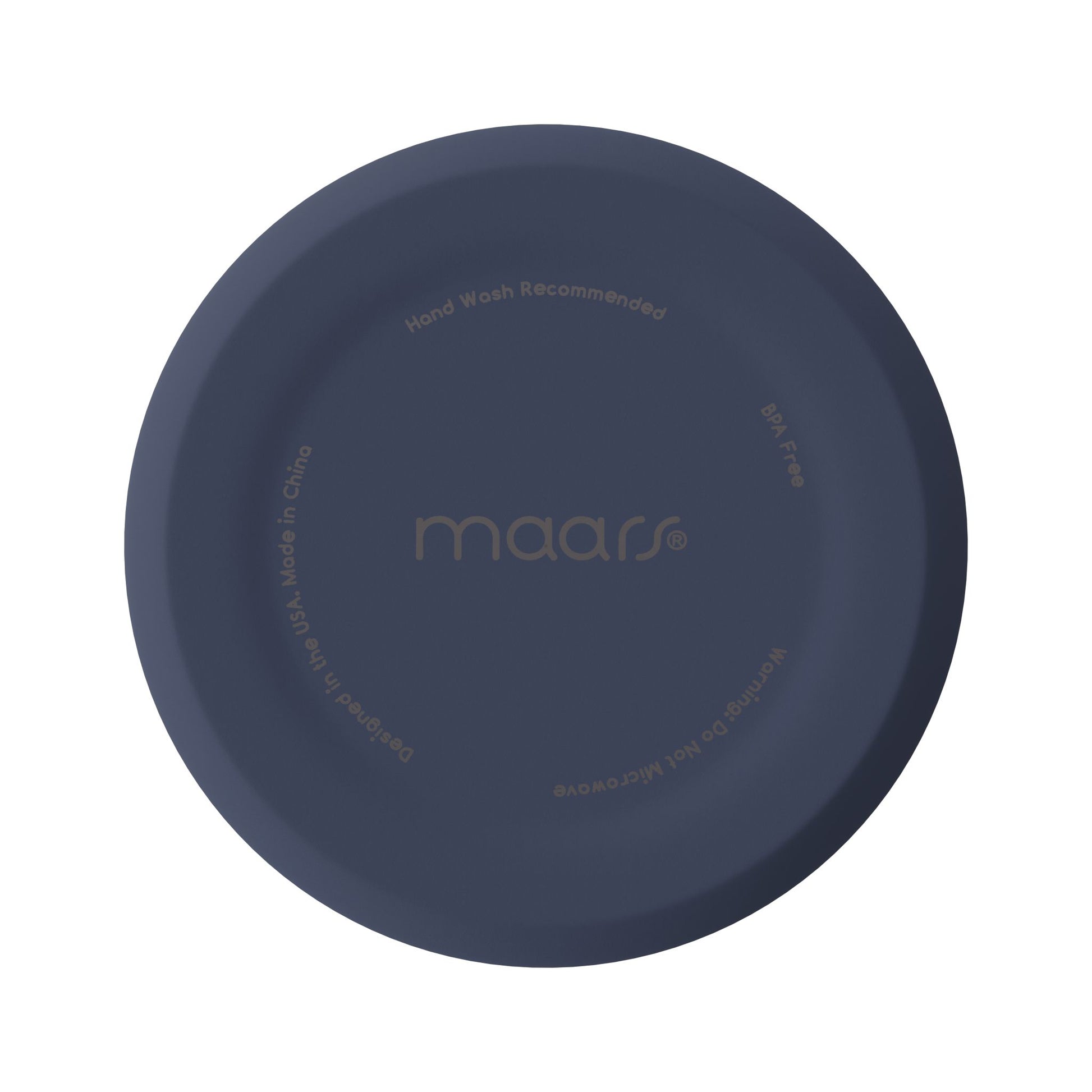 Shows the bottom of tumbler with maars logo and other details like BPA free and hand wash recommended. 