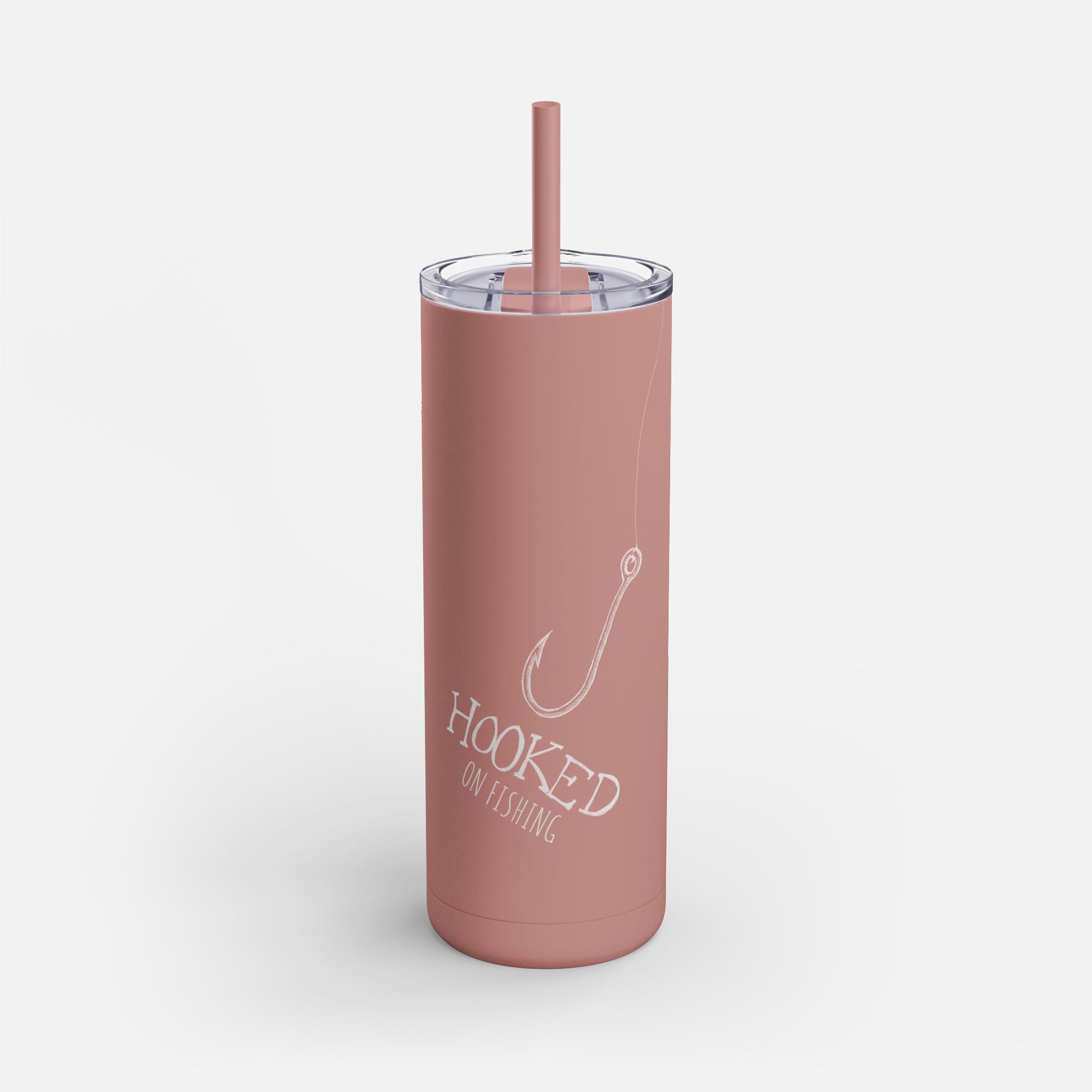 Hooked on Fishing Pink Tumbler - Personalized Gift with Fish Hook & Line Design on a white background.