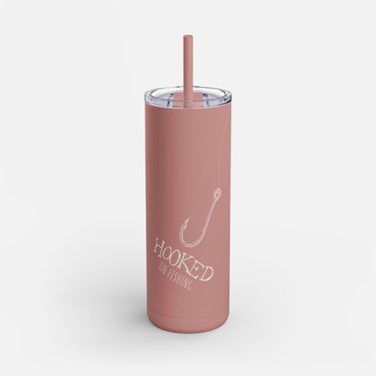 Hooked on Fishing Pink Tumbler - Personalized Gift with Fish Hook & Line Design on a white background.