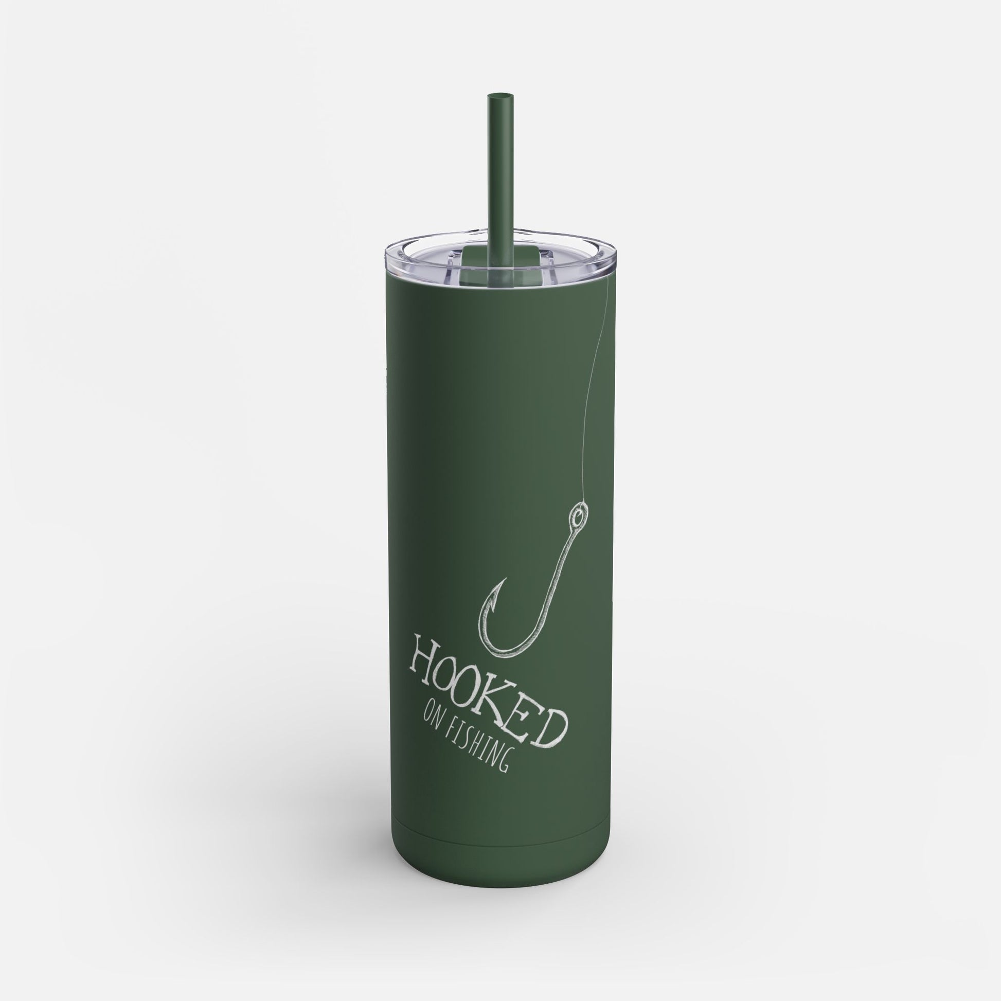 Hooked on Fishing Forest Green Tumbler - Personalized Gift with Fish Hook & Line Design on a white background.