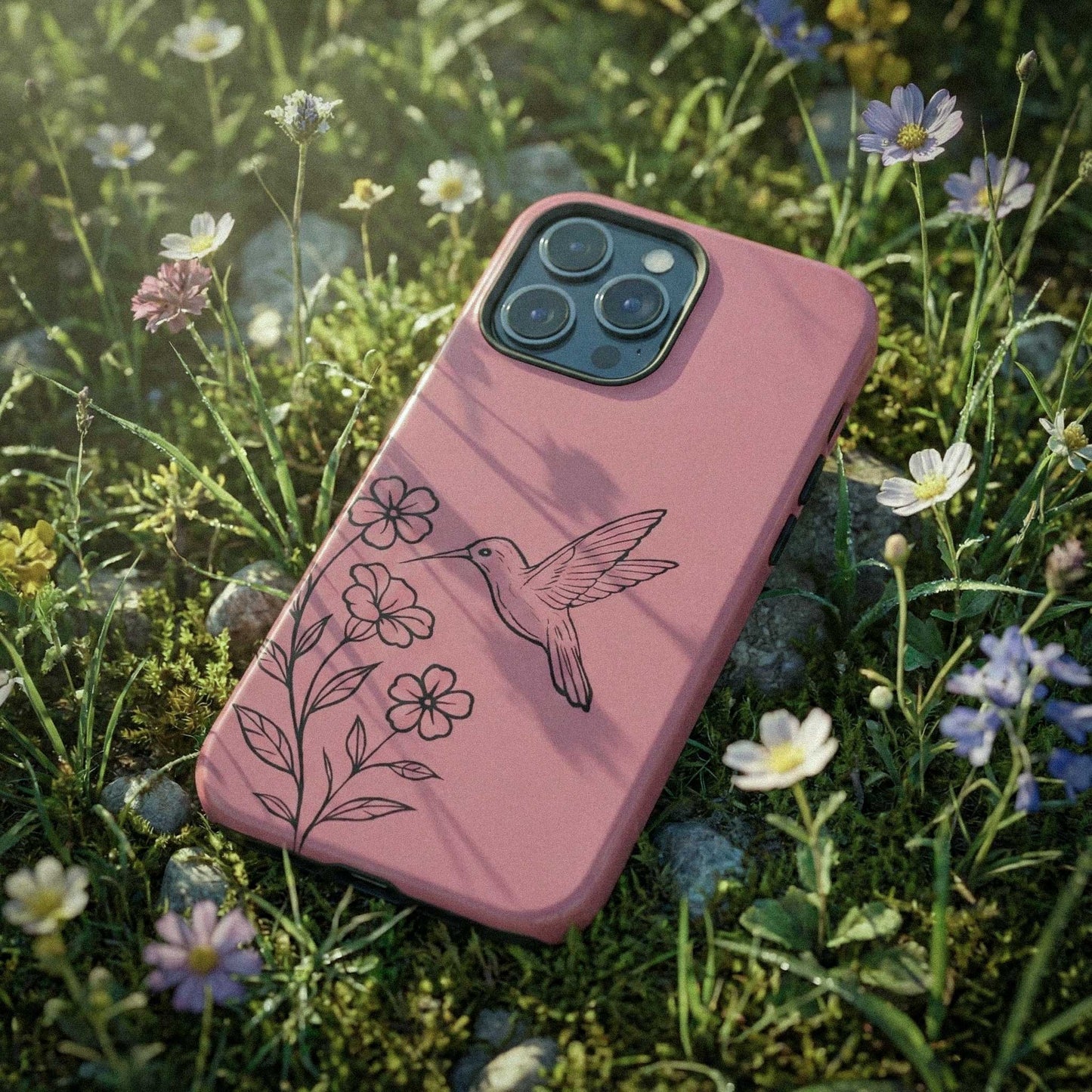 Pink phone case with a hummingbird design on grass and flowers