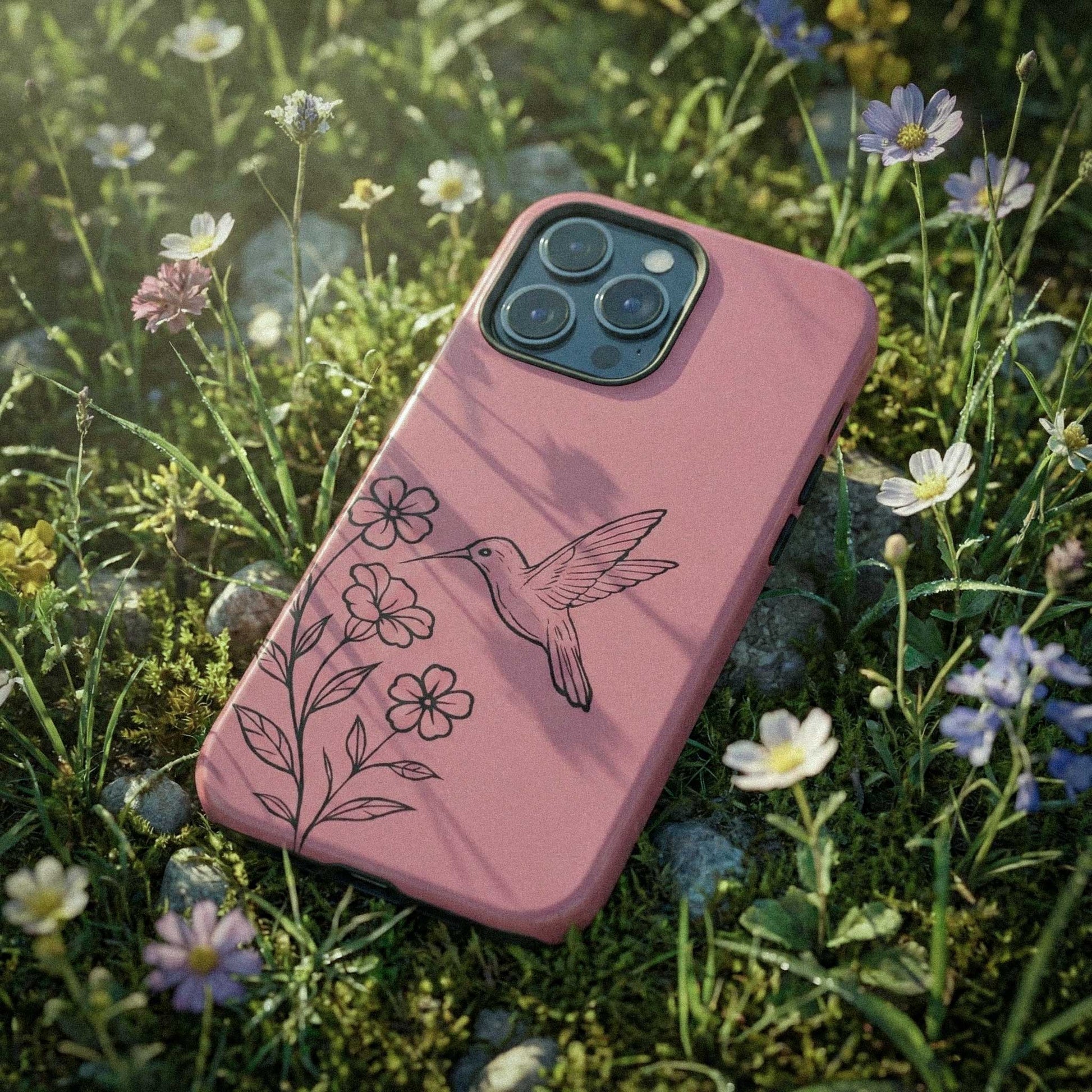 Pink phone case with a hummingbird design on grass and flowers