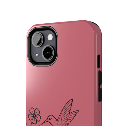 Hummingbird & Flowers Phone Case with black pen floral and bird illustration on white background, minimalist nature design.