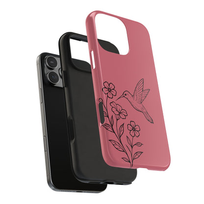 Hummingbird & Flowers Phone Case exploded view showing dual-layer protection with rubber liner and hard shell.