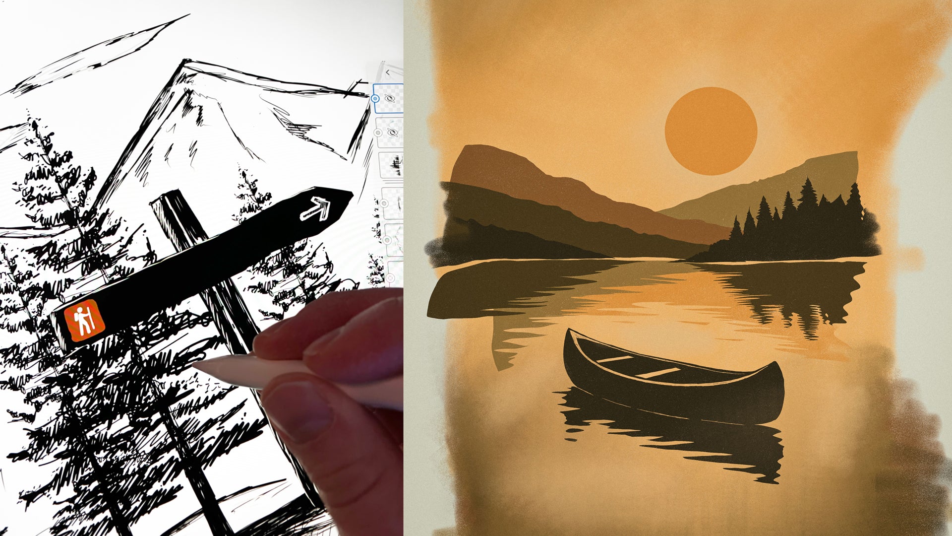 Jordan Kempain's art up with one half showing hand drawing a hiking sign mountain scene and the other half showing an original drawing of canoe on water. 