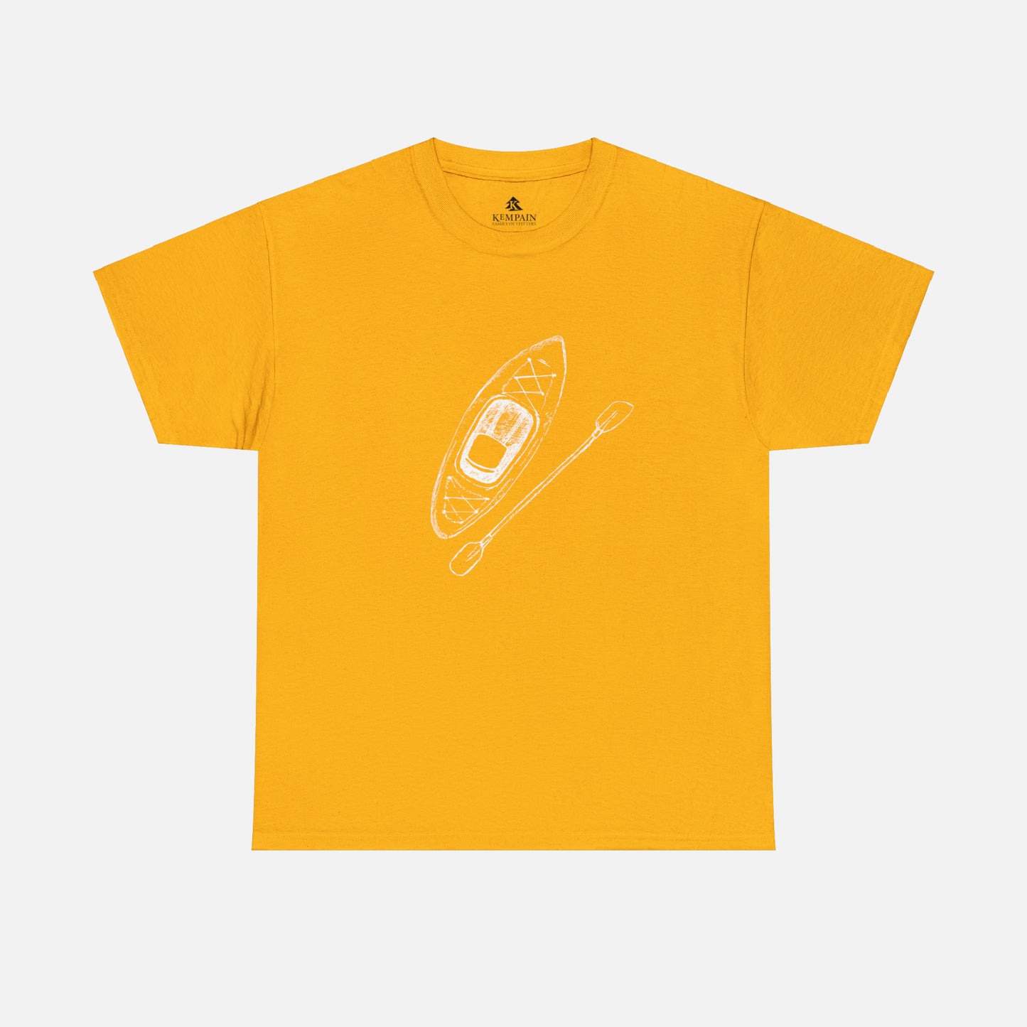 A yellow t-shirt on white background with a kayak and paddle graphic on front. 