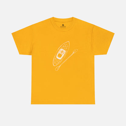 A yellow t-shirt on white background with a kayak and paddle graphic on front. 
