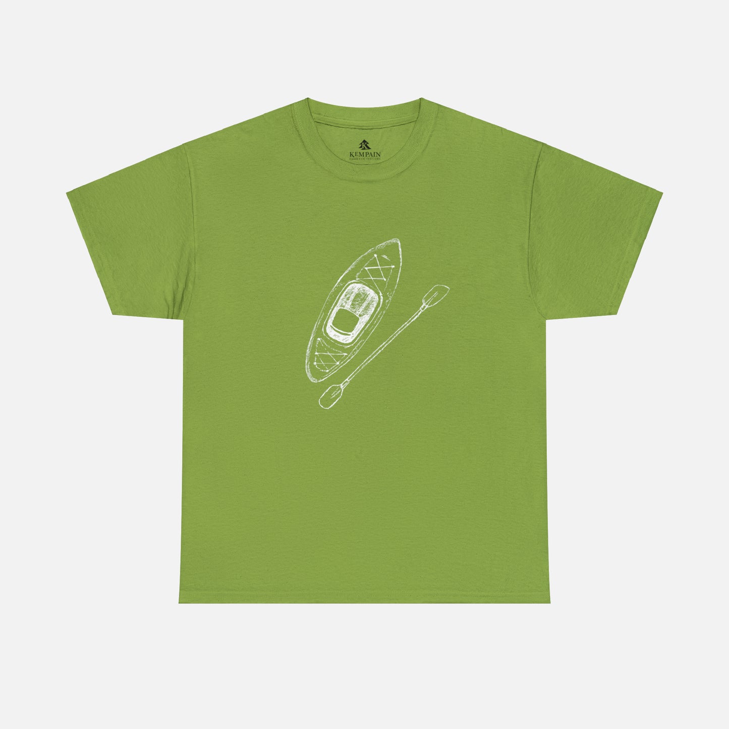 A green t-shirt on white background with a kayak and paddle graphic on front. 