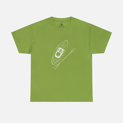 A green t-shirt on white background with a kayak and paddle graphic on front. 
