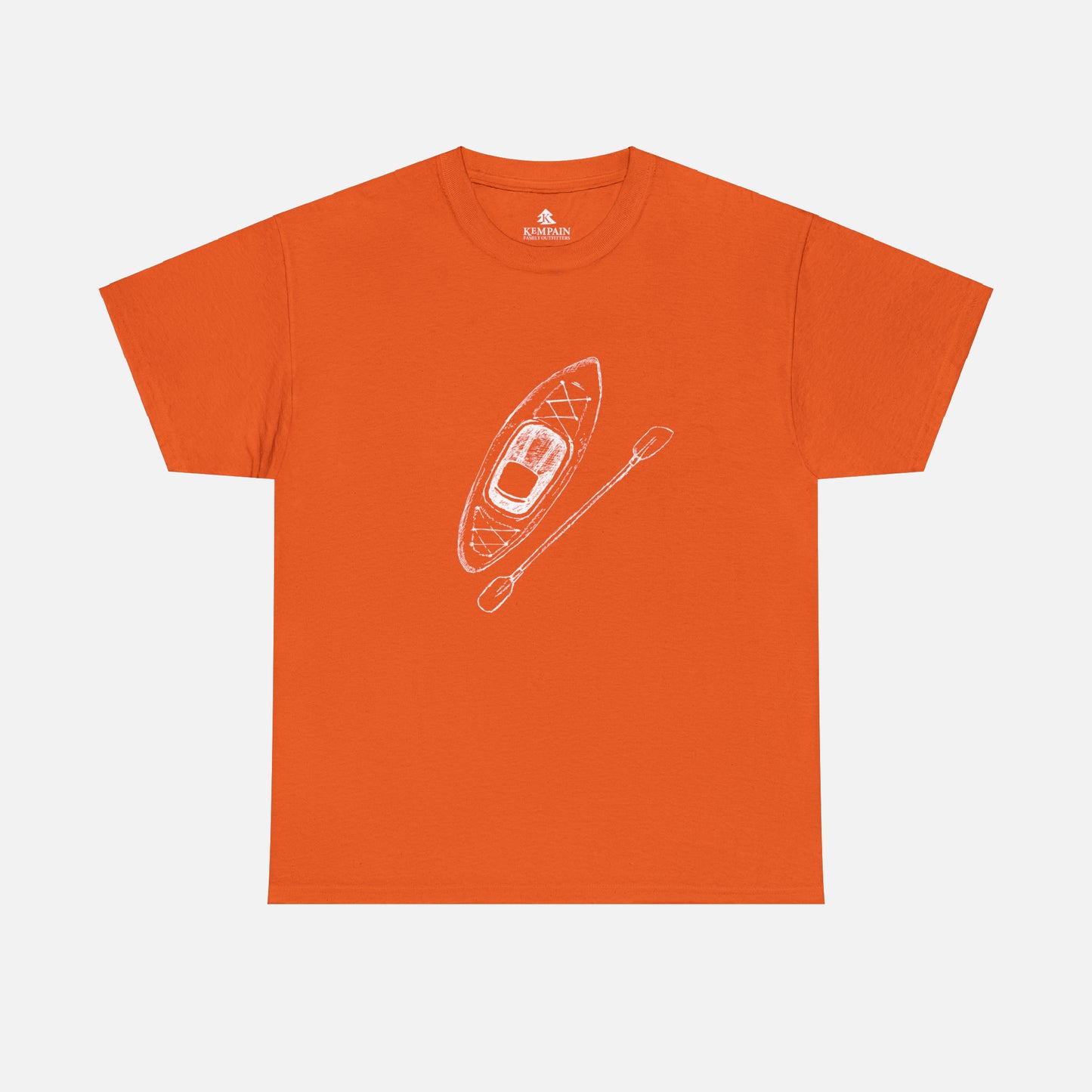 A orange t-shirt on white background with a kayak and paddle graphic on front. 