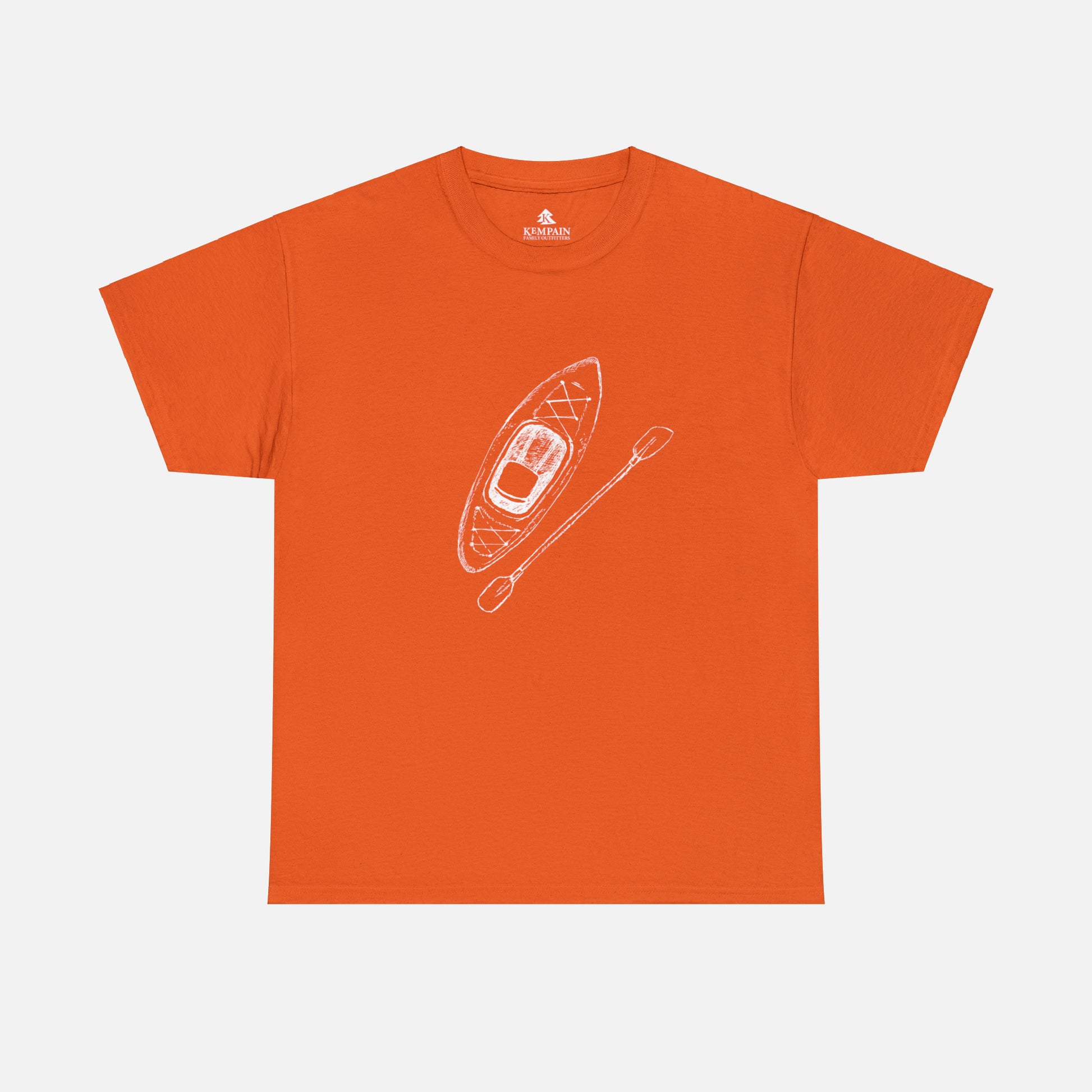 A orange t-shirt on white background with a kayak and paddle graphic on front. 
