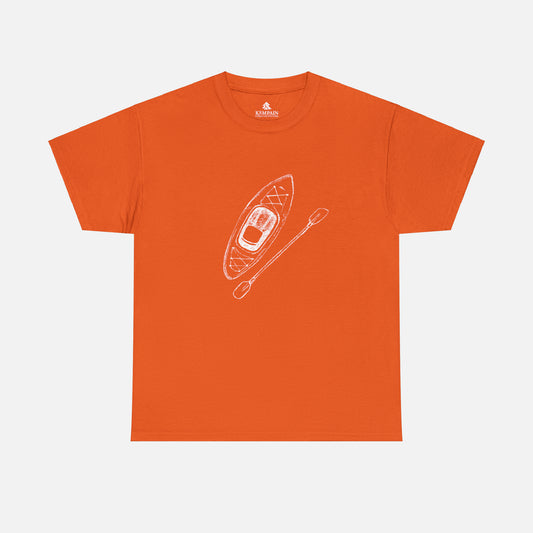 A orange t-shirt on white background with a kayak and paddle graphic on front. 