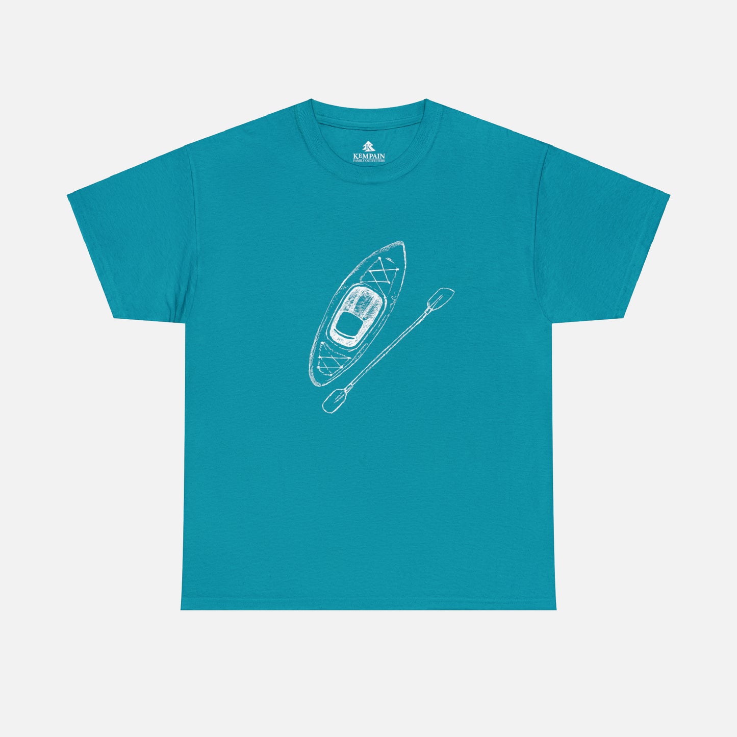 A blue t-shirt on white background with a kayak and paddle graphic on front. 