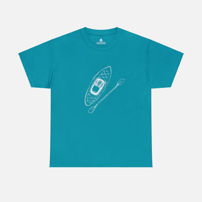 A blue t-shirt on white background with a kayak and paddle graphic on front. 