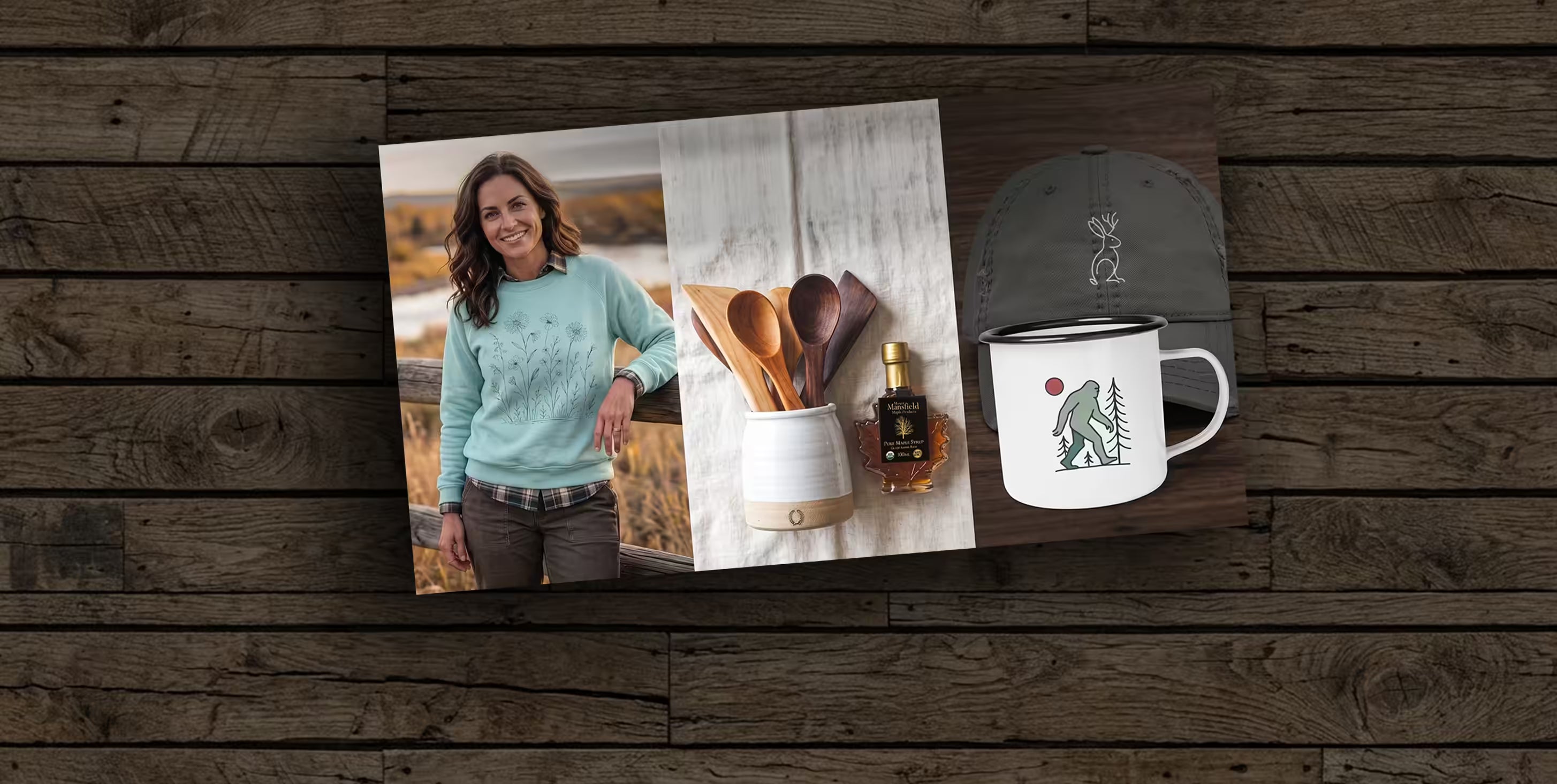A three-panel collage showing a woman wearing a mint green sweater outdoors, a ceramic utensil holder with wooden spoons and a small amber maple syrup bottle, and a dark grey cap and white enamel mug with a Bigfoot graphic displayed on rustic wood panels.