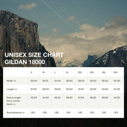 Size chart for the Sun Over Clouds Minimalist Sweatshirt, displaying measurements for chest width, body length, and sleeve length for unisex adult sizes.