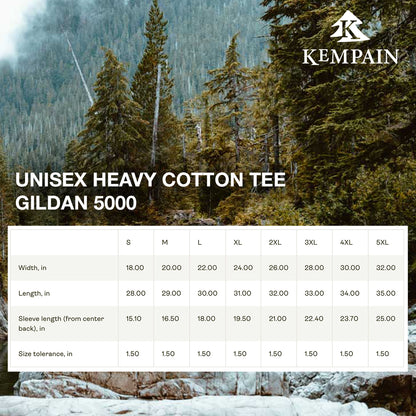 Gildan 5000 Unisex Tee Size Chart Image for Kempain Family Outfitters T-Shirts.