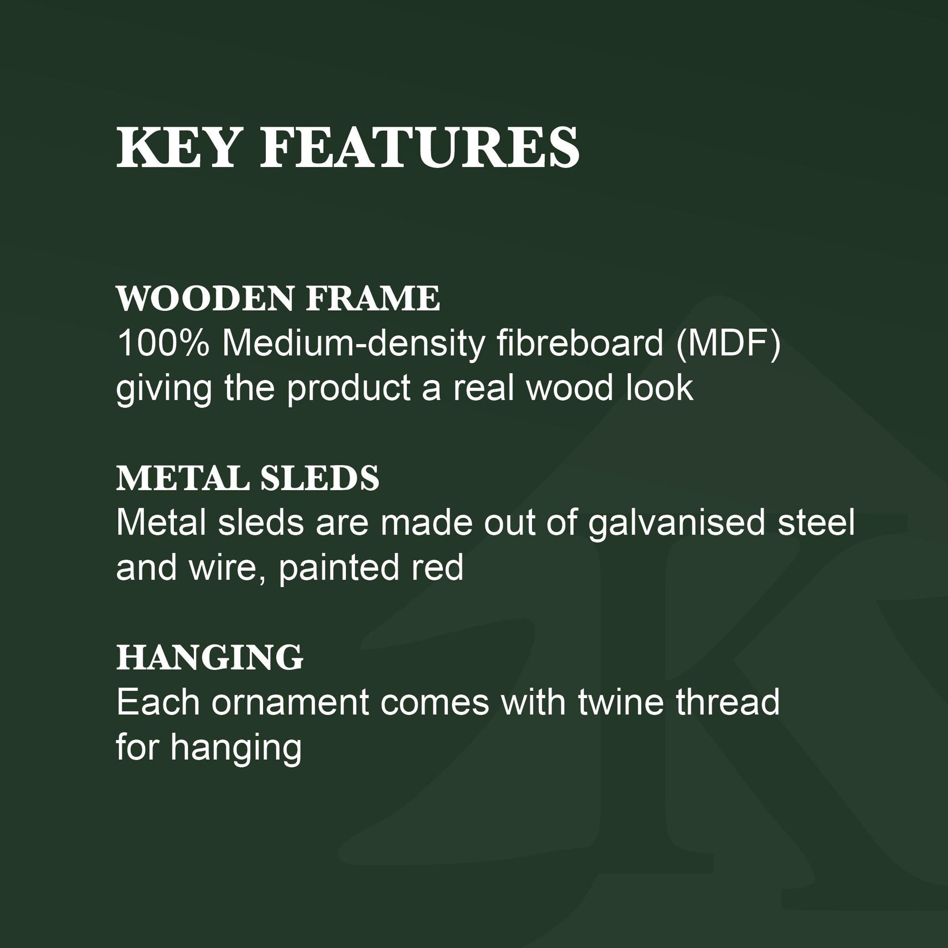 Wooden Frame (fiberboard real wood look), Metal Sleds (galvanized steel and wire painted red) , Hanging (comes with twine thread for hanging). 