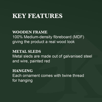 Wooden Frame (fiberboard real wood look), Metal Sleds (galvanized steel and wire painted red) , Hanging (comes with twine thread for hanging). 