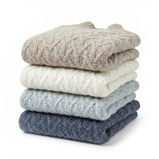 Stack of folded cable knit sweaters in beige, white, gray, and navy on a white background