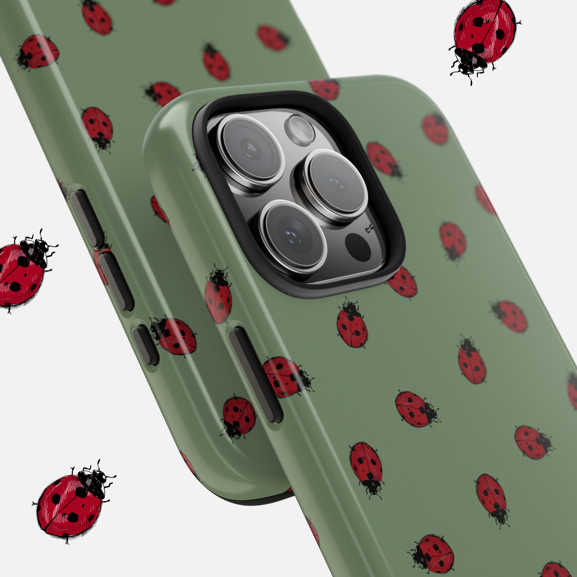Foliage green phone case with a hand-illustrated ladybug pattern – durable, stylish, and nature-inspired accessory for your device on white background.