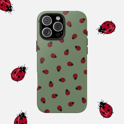 Foliage green phone case with a hand-illustrated ladybug pattern – durable, stylish, and nature-inspired accessory for your device on white background.