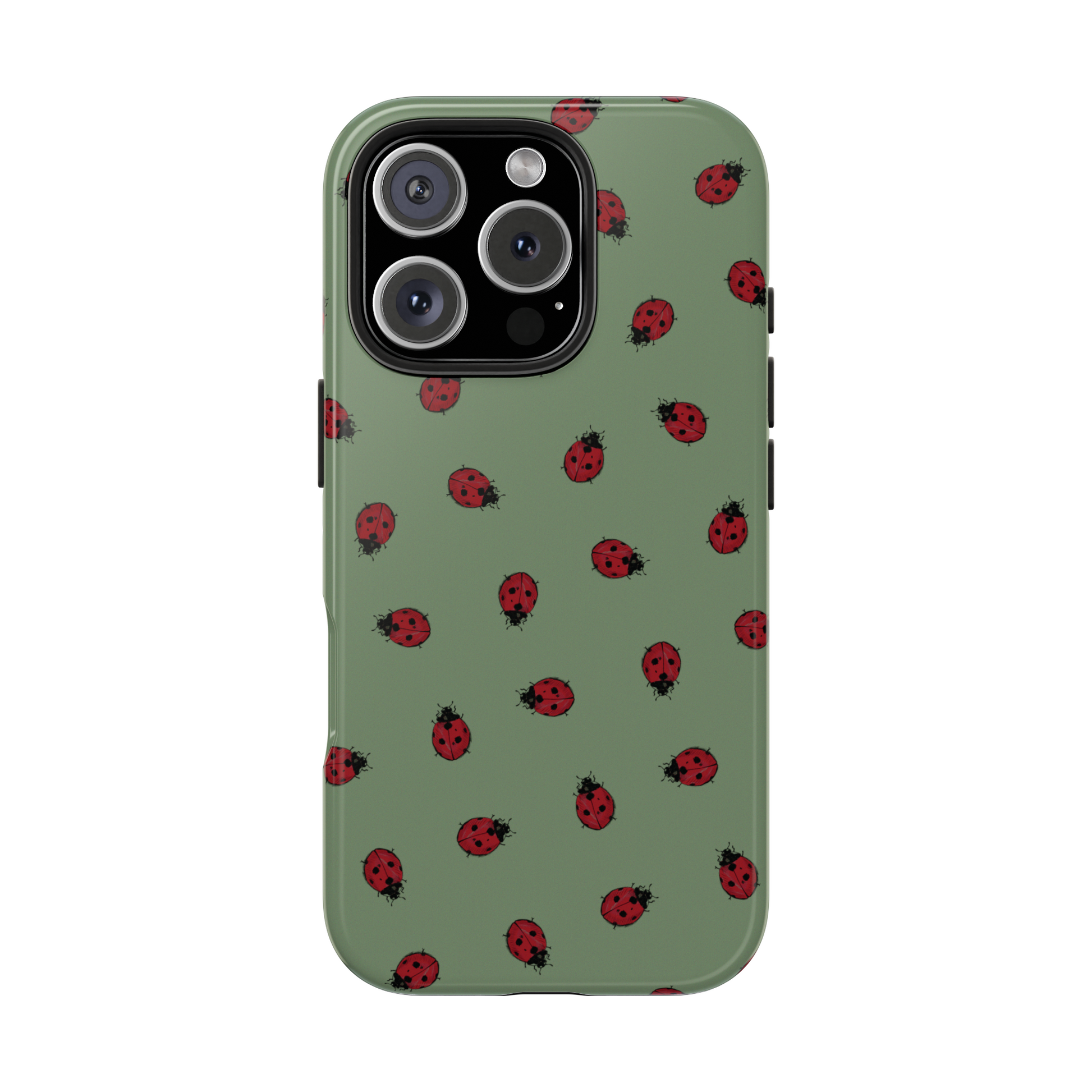 An iPhone 16 sporting a unique Lady Bug pattern case designed and illustrated by Kempain Family Outfitters on a white background. 