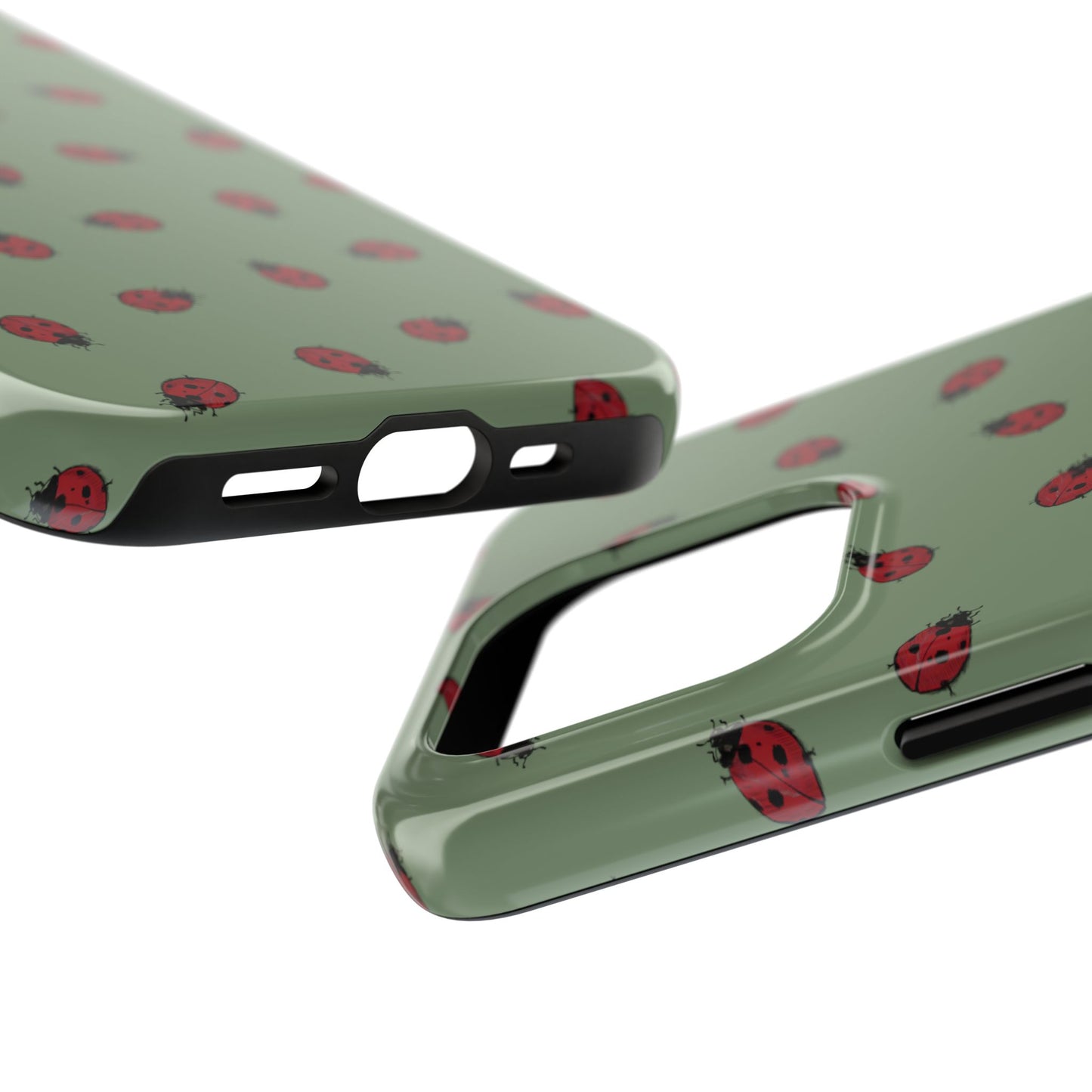 Foliage green phone case with a hand-illustrated ladybug pattern – durable, stylish, and nature-inspired accessory for your device on white background.
