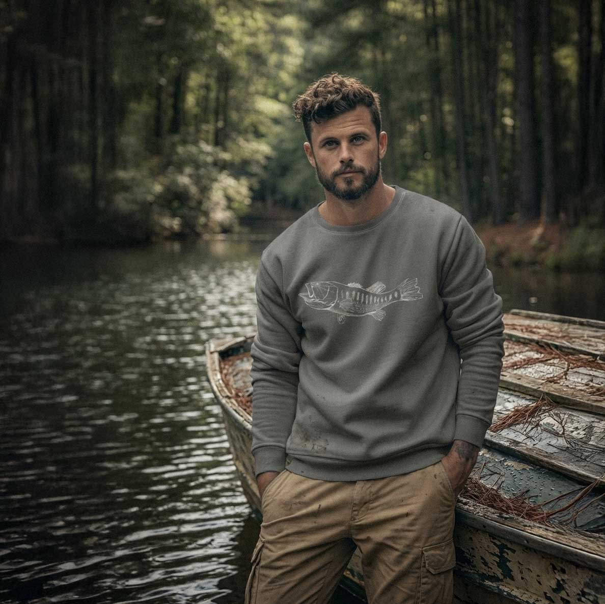 Outdoor lifestyle photo of a man wearing The Largemouth Bass sweatshirt near a lake, showcasing the largemouth bass artwork and fabric style that is 100% cotton by Kempain Family Outfitters.