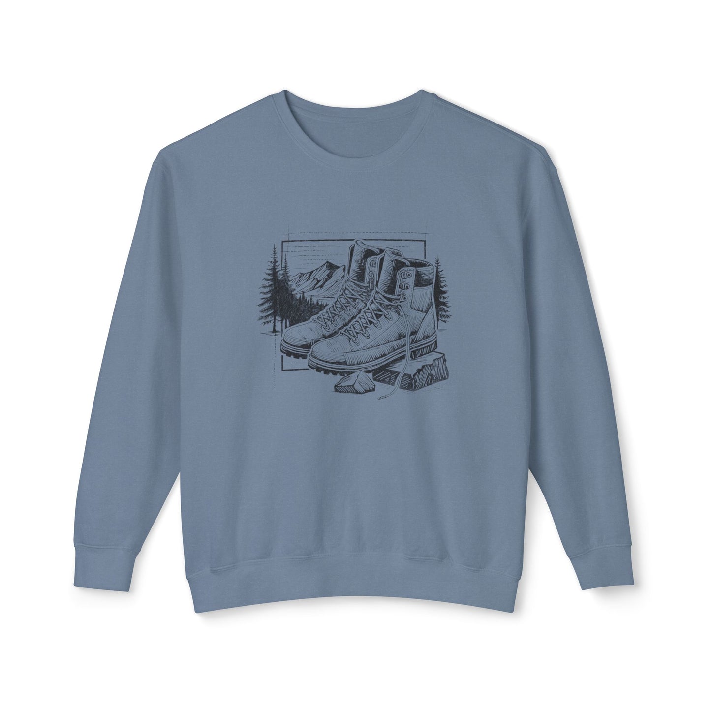 Original hand-drawn Hiking Boots illustration from the Kempain 2026 Artist Series on a white background 100% natural cotton heritage sweatshirt in Blue Jean color.